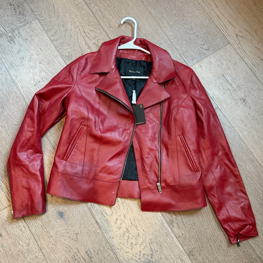 Massimo Dutti Red Leather Moto Jacket